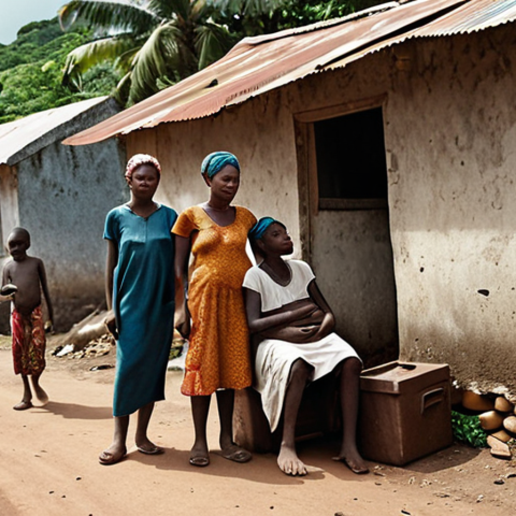 **

Prompt: A Comorian family in Anjouan struggles to transport a sick relative, highlighting the lack of healthcare access. Show a vibrant, yet impoverished island setting. Focus on the emotional distress and the difficult terrain. Use natural lighting, realistic textures, and a desaturated color palette to convey a sense of hardship and resilience.

**