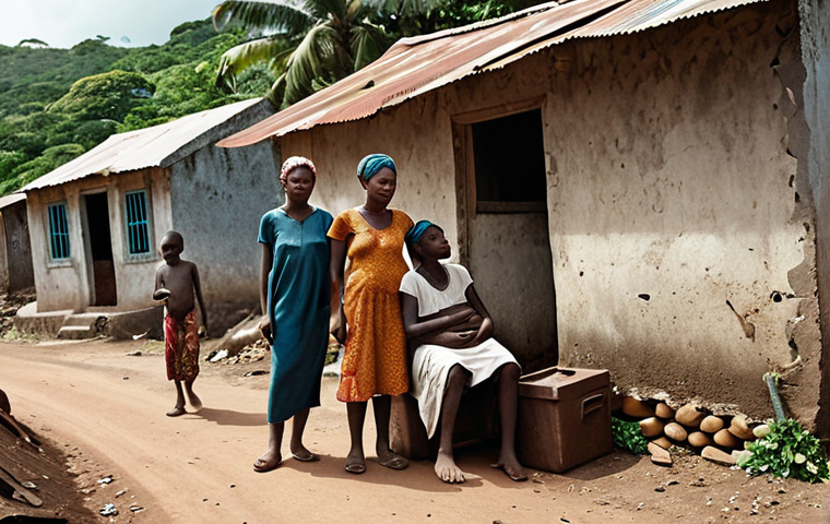 **

Prompt: A Comorian family in Anjouan struggles to transport a sick relative, highlighting the lack of healthcare access. Show a vibrant, yet impoverished island setting. Focus on the emotional distress and the difficult terrain. Use natural lighting, realistic textures, and a desaturated color palette to convey a sense of hardship and resilience.

**