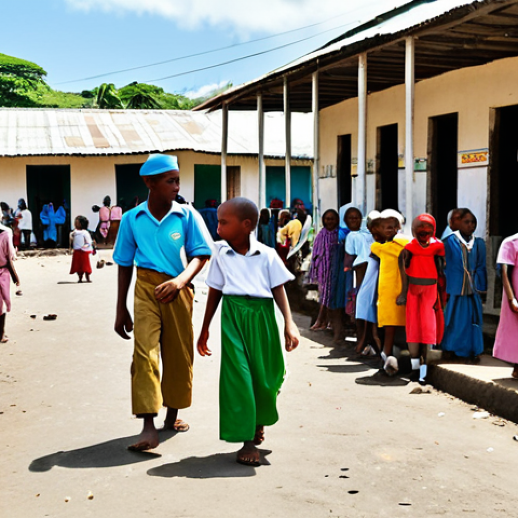 **
A bustling marketplace scene in Comoros. In the background, a dilapidated school building is visible, with children in worn uniforms walking past. Juxtapose the vibrant market activity with the struggling educational infrastructure. The image should convey the challenges in accessing quality education amidst everyday life in Comoros.
**