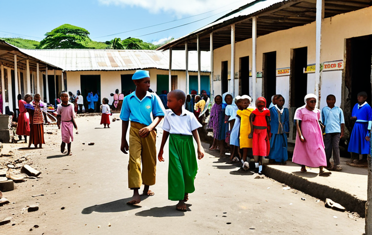 **
A bustling marketplace scene in Comoros. In the background, a dilapidated school building is visible, with children in worn uniforms walking past. Juxtapose the vibrant market activity with the struggling educational infrastructure. The image should convey the challenges in accessing quality education amidst everyday life in Comoros.
**