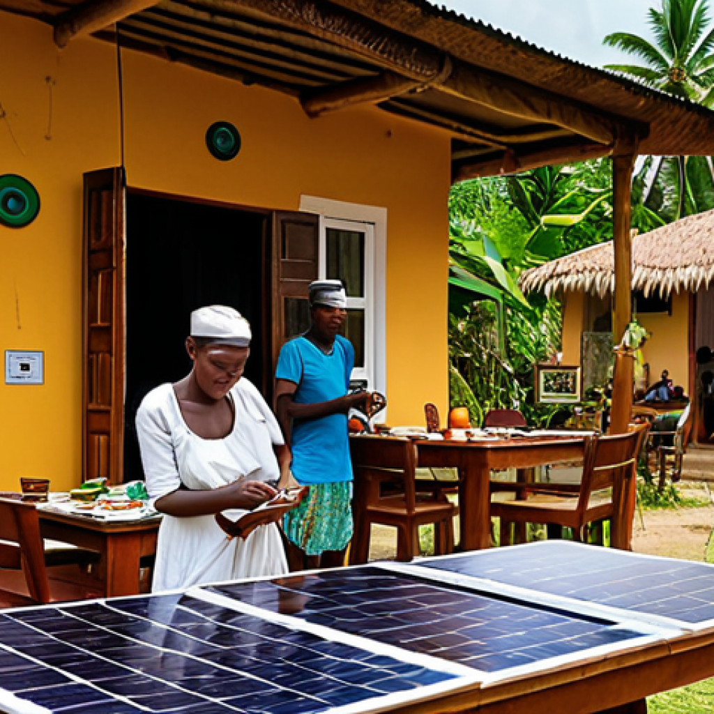 ** A vibrant Comorian hotel scene. Local artisans displaying crafts, tourists enjoying fresh, local cuisine, lush tropical plants. Depicting sustainable practices like solar panels.

**