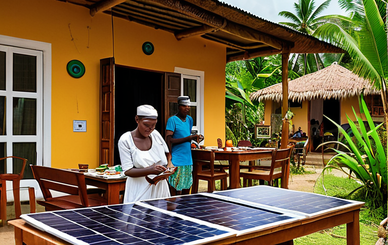 ** A vibrant Comorian hotel scene. Local artisans displaying crafts, tourists enjoying fresh, local cuisine, lush tropical plants. Depicting sustainable practices like solar panels.
**