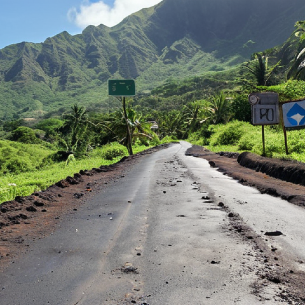 **A dilapidated road in the Comoros, potholed and uneven, with a faded or missing road sign. The surrounding landscape is mountainous and green, highlighting the challenging terrain. The overall mood is one of neglect and danger.**