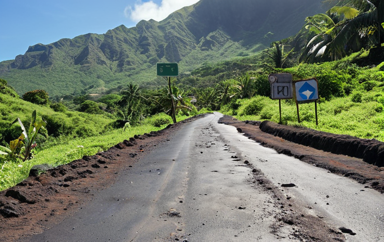 **A dilapidated road in the Comoros, potholed and uneven, with a faded or missing road sign. The surrounding landscape is mountainous and green, highlighting the challenging terrain. The overall mood is one of neglect and danger.**