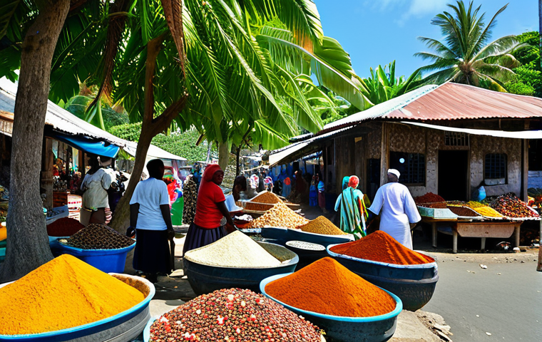 Comoros - Authentic Island Life**
"A vibrant marketplace scene in Comoros. Local women in colorful, modest clothing are selling spices, fruits, and handicrafts. Traditional architecture in the background, lush tropical vegetation. Daytime, bright sunlight. Safe for work, appropriate content, fully clothed, professional photography, perfect anatomy, natural proportions, family-friendly."
**