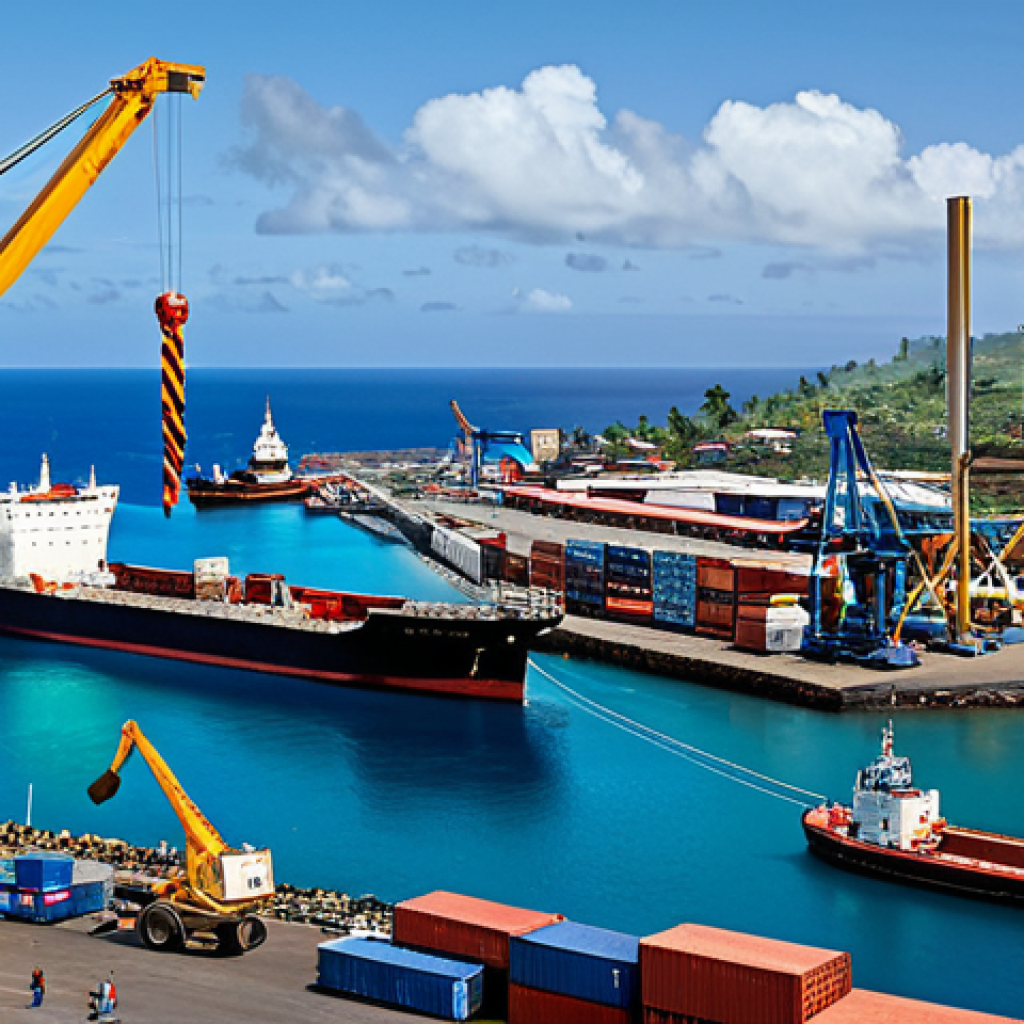 **
"A bustling harbor scene in Moroni, Comoros. Modern cargo ships are docked alongside newly constructed piers. Workers in appropriate attire operate modern cranes, loading and unloading containers. The scene is vibrant and depicts progress. In the background, we see the city skyline. Safe for work, appropriate content, fully clothed, professional, perfect anatomy, natural proportions, high resolution, clear details, family-friendly."
**
