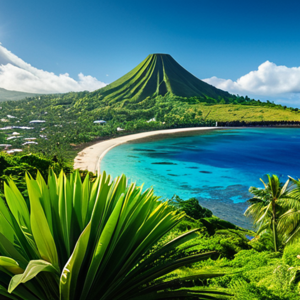 Comoros Unity Landscape**
"A vibrant landscape showcasing the four main islands of the Comoros archipelago. Each island section features elements representing its unique character: Grande Comore with its volcanic peak, Anjouan with spice plantations, Mohéli with lush greenery, and a distant view of Mayotte symbolizing hope. The scene is bathed in warm sunlight, with the ocean reflecting the colors of the Comoros flag - green, yellow, white, red, and blue. In the sky, four stars shine brightly above the islands, accompanied by a crescent moon. Safe for work, appropriate content, fully clothed, professional, perfect anatomy, natural proportions, family-friendly, high quality."
**