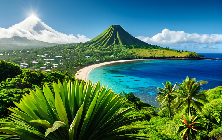 Comoros Unity Landscape**
"A vibrant landscape showcasing the four main islands of the Comoros archipelago. Each island section features elements representing its unique character: Grande Comore with its volcanic peak, Anjouan with spice plantations, Mohéli with lush greenery, and a distant view of Mayotte symbolizing hope. The scene is bathed in warm sunlight, with the ocean reflecting the colors of the Comoros flag - green, yellow, white, red, and blue. In the sky, four stars shine brightly above the islands, accompanied by a crescent moon. Safe for work, appropriate content, fully clothed, professional, perfect anatomy, natural proportions, family-friendly, high quality."
**
