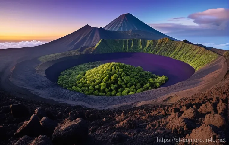 코모로 화산투어 안내 - **"A majestic and imposing view of the active Karthala volcano in the Comoros. The scene captures a ...