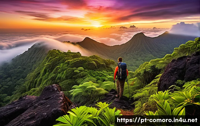 코모로 여행 사진 촬영 명소 - A breathtaking sunrise scene atop Mount Karthala, Grande Comore Island, showcasing dense tropical ra...