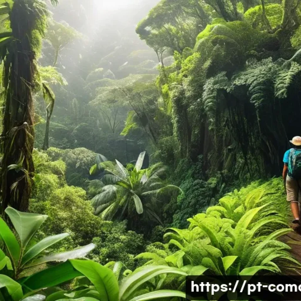 코모로 생태관광 추천지 - A lush tropical rainforest scene in the Comoros Islands, featuring dense, vibrant green foliage with...
