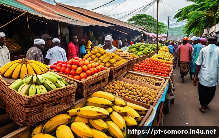 코모로 대표 음식 목록 - A vibrant street market scene in the Comoros islands featuring colorful stalls overflowing with fres...