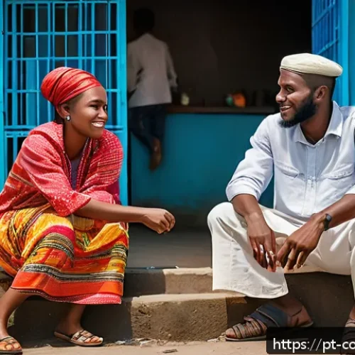 Home 17 코모로 인구와 출산율 통계 - A vibrant urban street scene in Moroni, Comoros, showing young Comorian couples in modern casual clo...