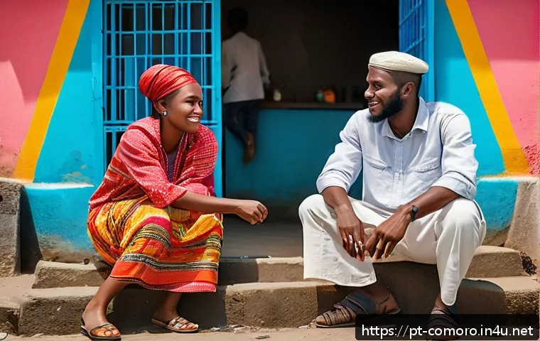 코모로 인구와 출산율 통계 - A vibrant urban street scene in Moroni, Comoros, showing young Comorian couples in modern casual clo...
