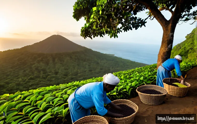 코모로 클로브 수출 역사 - Photorealistic historical scene of Comoros clove export heritage, a coastal plantation at sunrise wi...