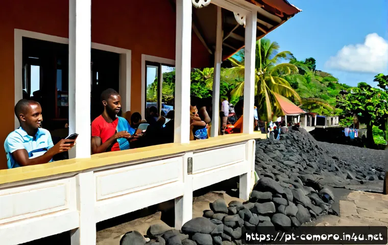 Home 30 코모로 인터넷 보급률과 사용 패턴 - Photorealistic documentary-style scene in Moroni, Comoros: diverse young adult friends using smartph...